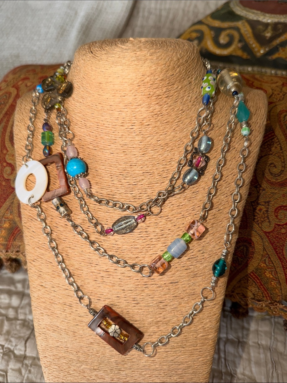 Multi-Color Beaded Layered Chain Necklace - Turquoise & Brown Accents mother